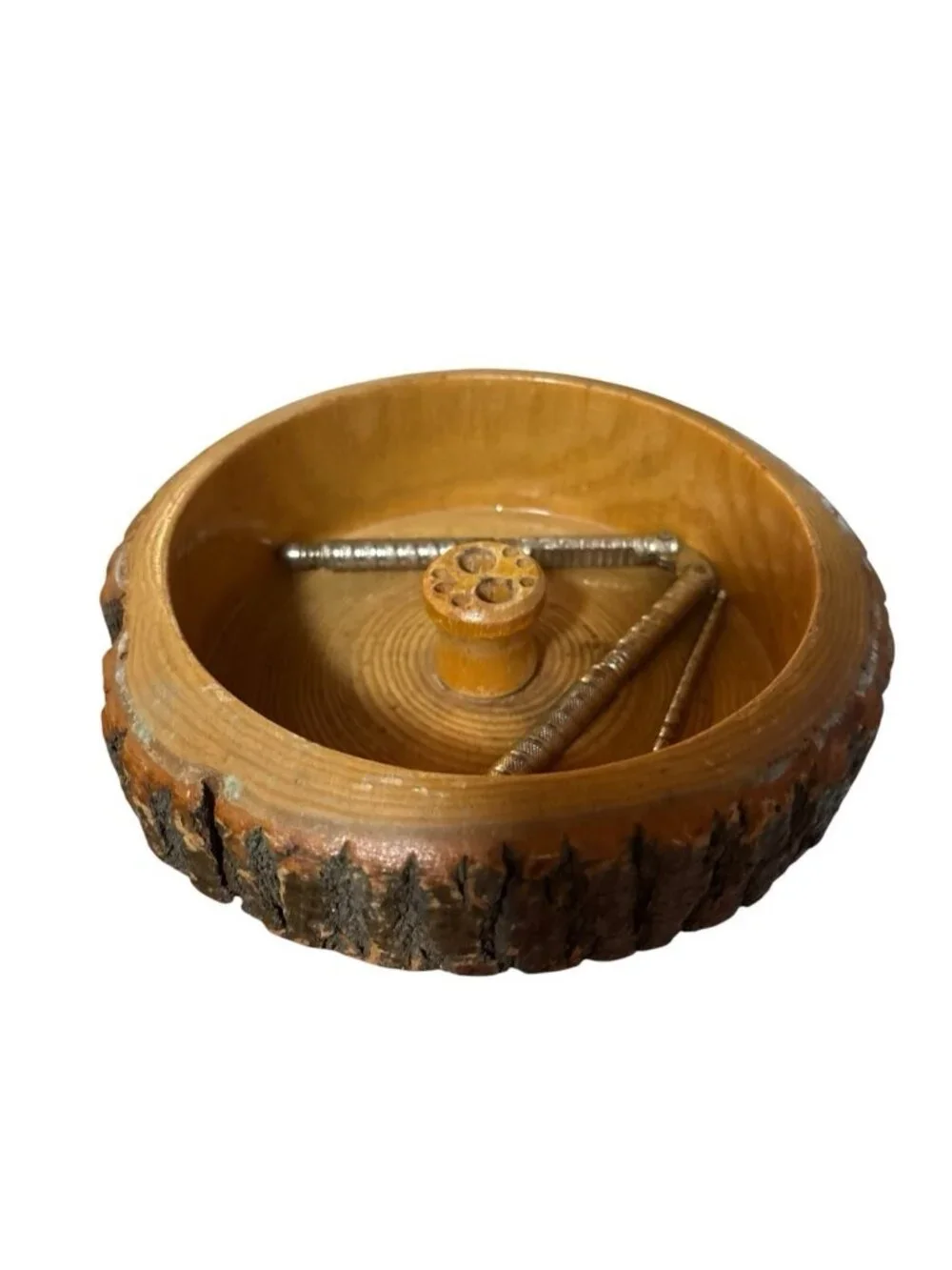 *Vintage Bark Nut Bowl Round Wooden Picks Nut Crackers Rustic Retro